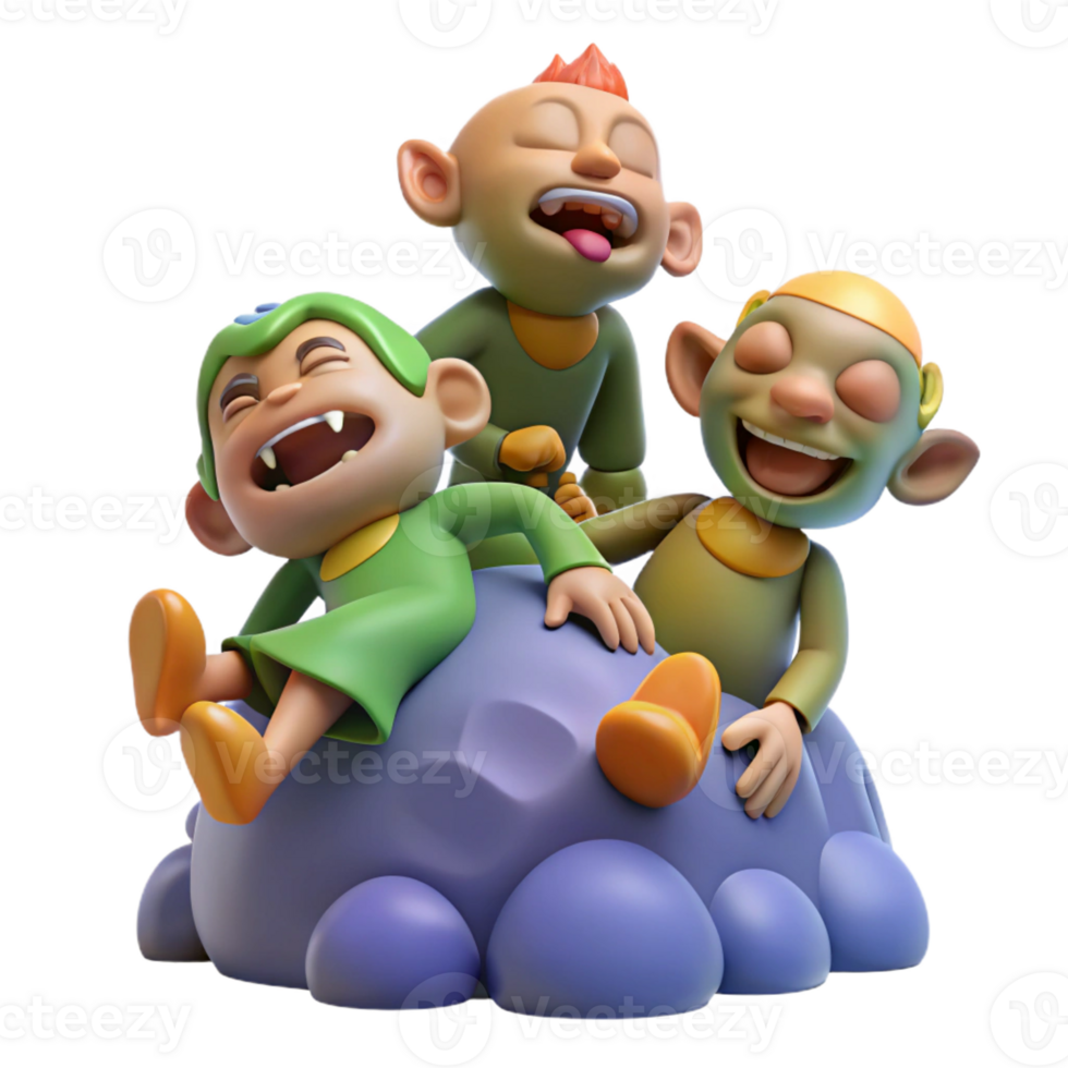 stunning minimalist A group of mischievous imps playing pranks on a sleeping giant. Fantasy art style with humorous, exaggerated expressions authentic png