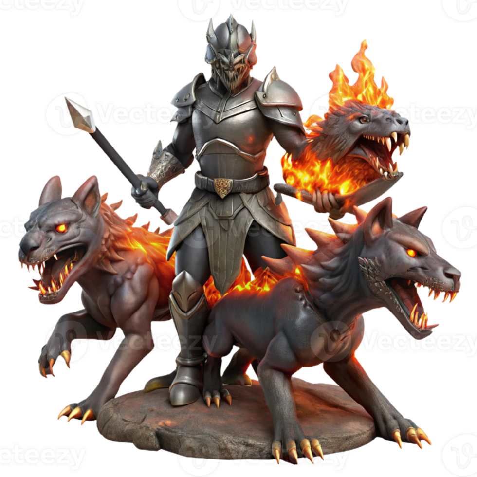 magnificent artistic A valiant knight battling a three-headed chimera in a fiery wasteland. Dark fantasy art style with gritty textures and intense action authentic png