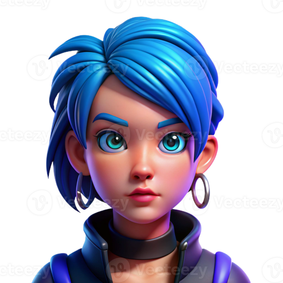 elegant rustic Portrait of a teenage girl with vibrant blue hair, multiple piercings, and a defiant expression, cyberpunk style, neon lighting high resolution png