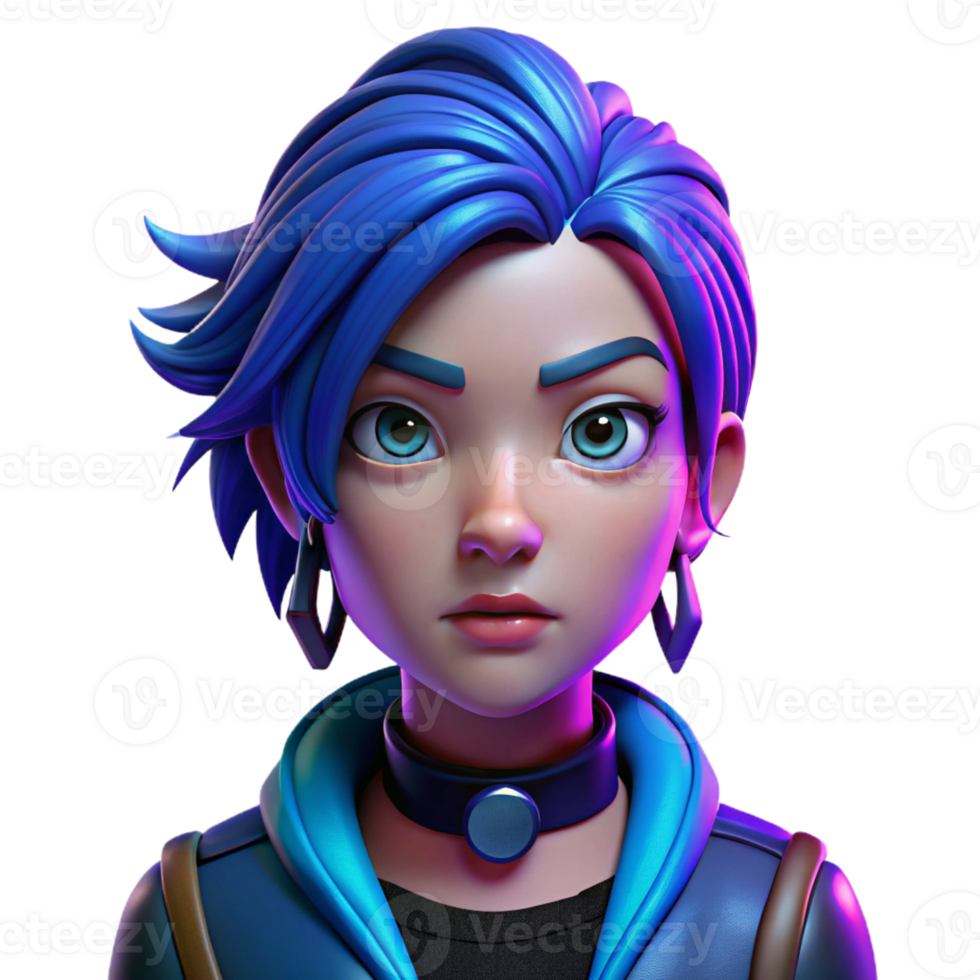 stunning artistic Portrait of a teenage girl with vibrant blue hair, multiple piercings, and a defiant expression, cyberpunk style, neon lighting original png