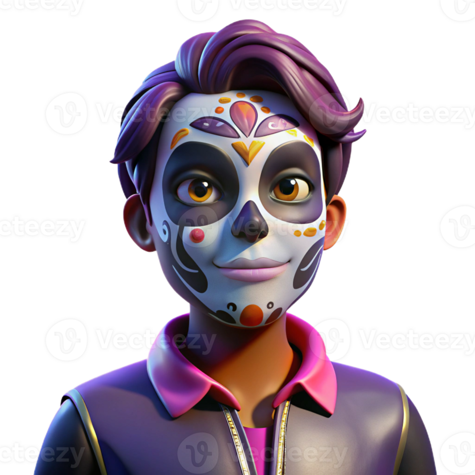 serene rustic Portrait of a person with vibrant face paint in a Day of the Dead style, lit by dramatic chiaroscuro lighting, surreal style 4K png