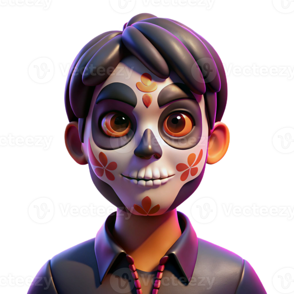 stunning abstract Portrait of a person with vibrant face paint in a Day of the Dead style, lit by dramatic chiaroscuro lighting, surreal style high quality png