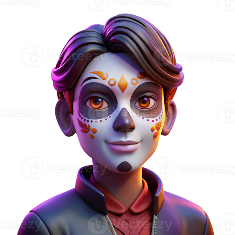 stunning modern Portrait of a person with vibrant face paint in a Day of the Dead style, lit by dramatic chiaroscuro lighting, surreal style authentic png