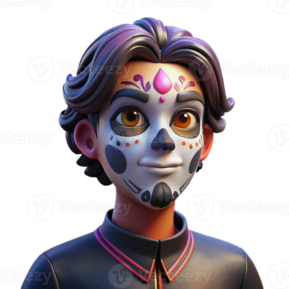 elegant rustic Portrait of a person with vibrant face paint in a Day of the Dead style, lit by dramatic chiaroscuro lighting, surreal style exclusive png