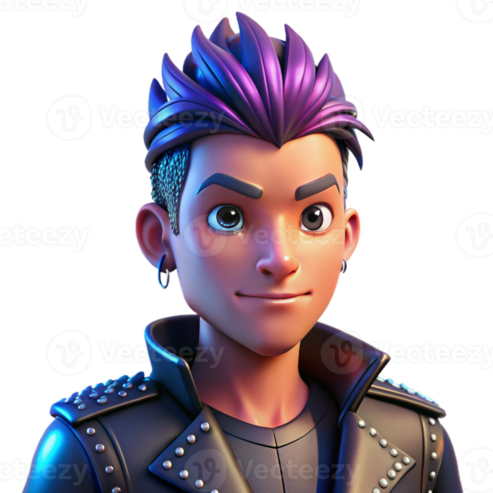 impressive minimalist Portrait of a person with a mohawk hairstyle and studded leather jacket, lit by harsh, neon lighting, punk rock style premium png