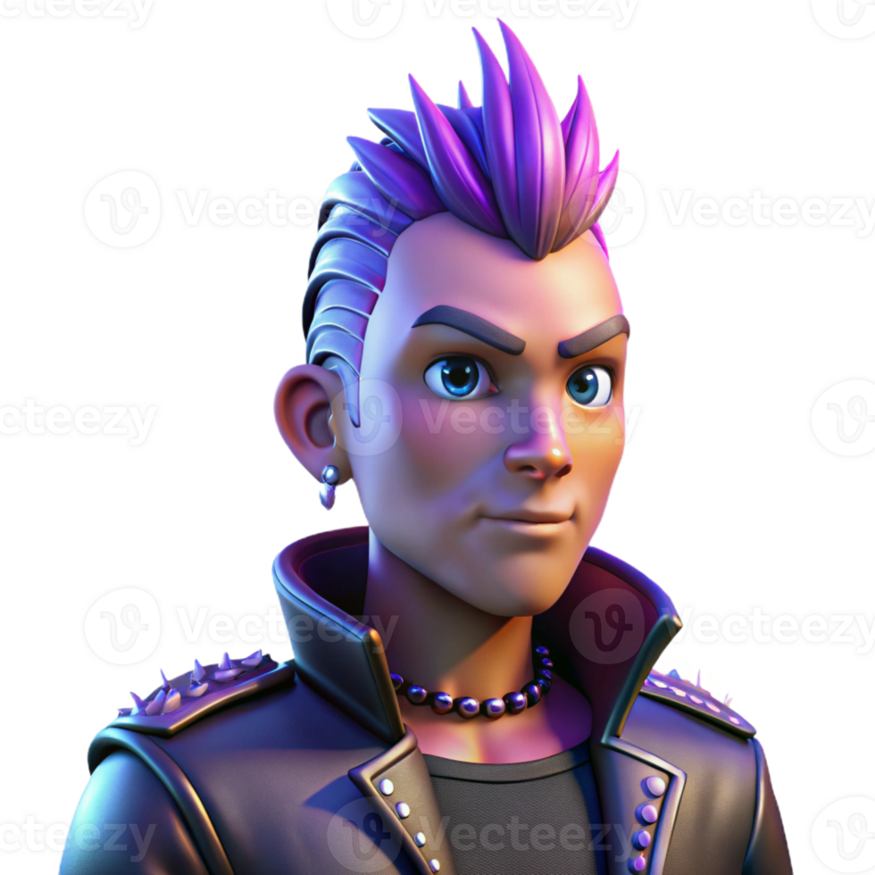 stunning artistic Portrait of a person with a mohawk hairstyle and studded leather jacket, lit by harsh, neon lighting, punk rock style authentic png