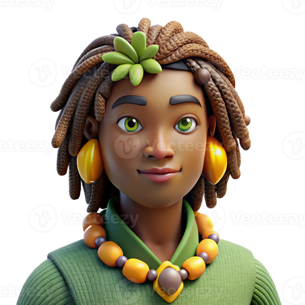impressive modern Portrait of a person with dreadlocks adorned with beads and shells, lit by warm, tropical sunlight, reggae style professional png