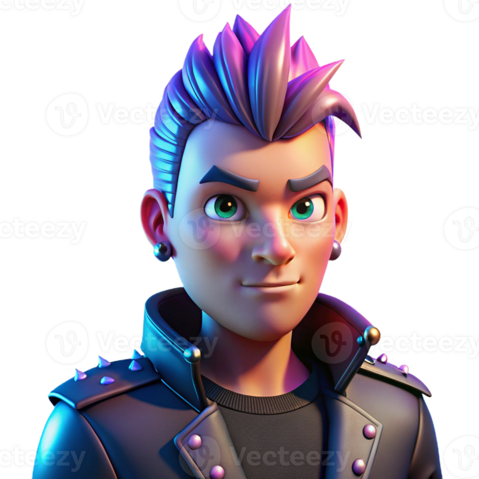 impressive abstract Portrait of a person with a mohawk hairstyle and studded leather jacket, lit by harsh, neon lighting, punk rock style high quality png