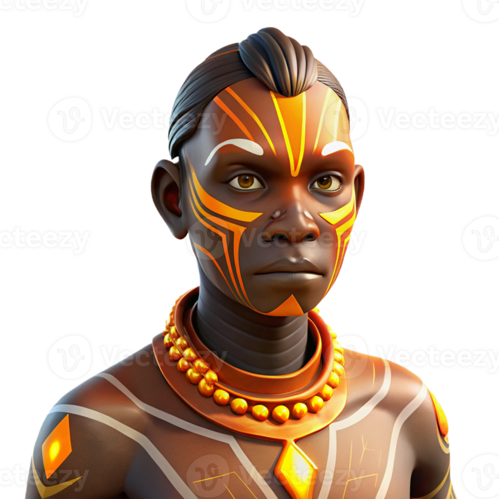 serene vintage Portrait of a person with intricate tribal markings on their face and body, lit by warm firelight, indigenous style exclusive png