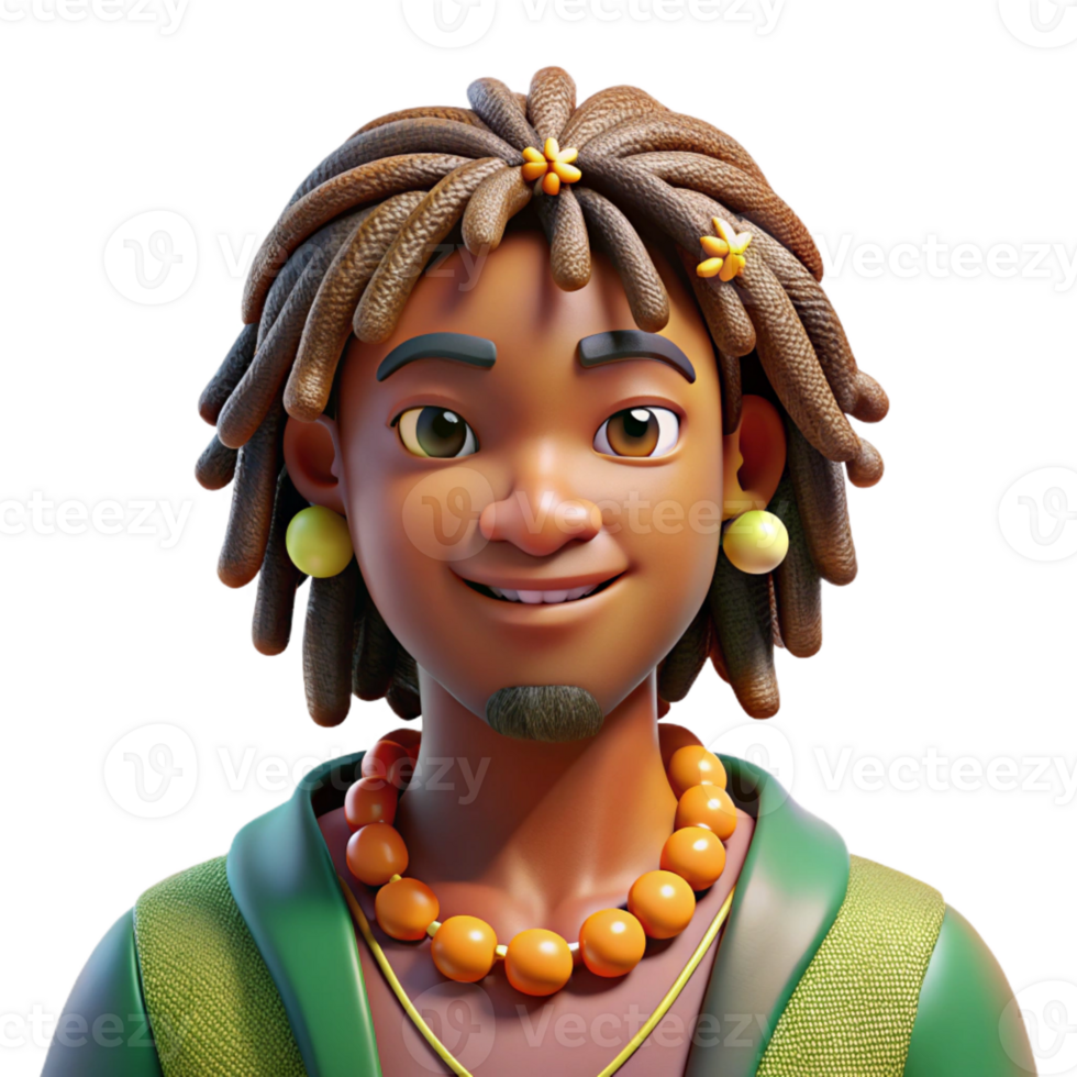 impressive artistic Portrait of a person with dreadlocks adorned with beads and shells, lit by warm, tropical sunlight, reggae style authentic png
