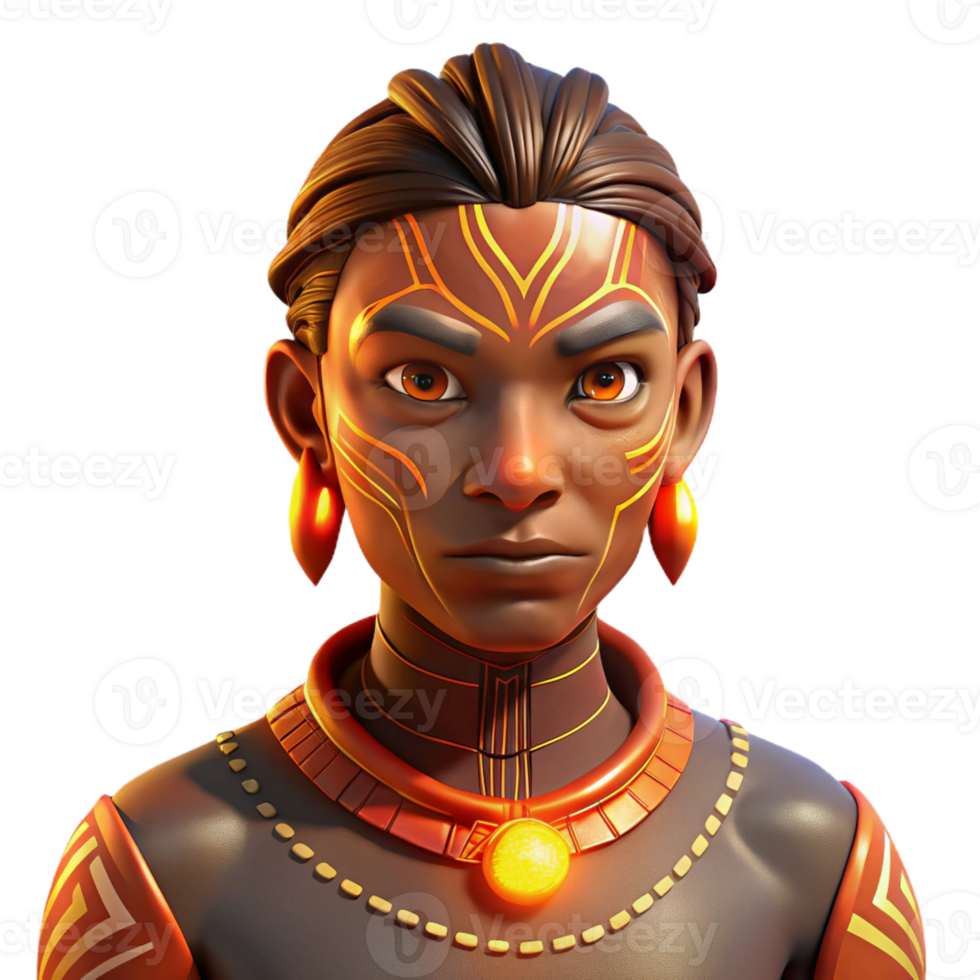 wonderful classic Portrait of a person with intricate tribal markings on their face and body, lit by warm firelight, indigenous style detailed png