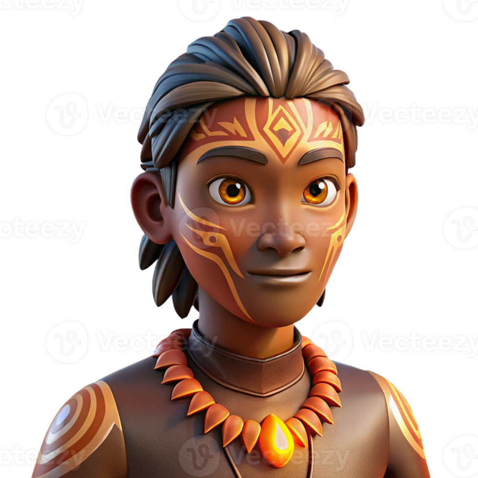 elegant rustic Portrait of a person with intricate tribal markings on their face and body, lit by warm firelight, indigenous style high resolution png