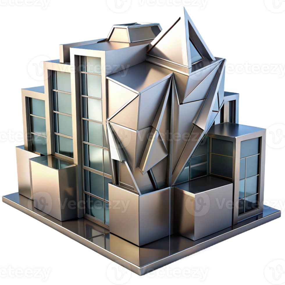 dramatic artistic Deconstructivist office building, fragmented forms, sharp angles, metallic surfaces, dramatic shadows, abstract art style, original png