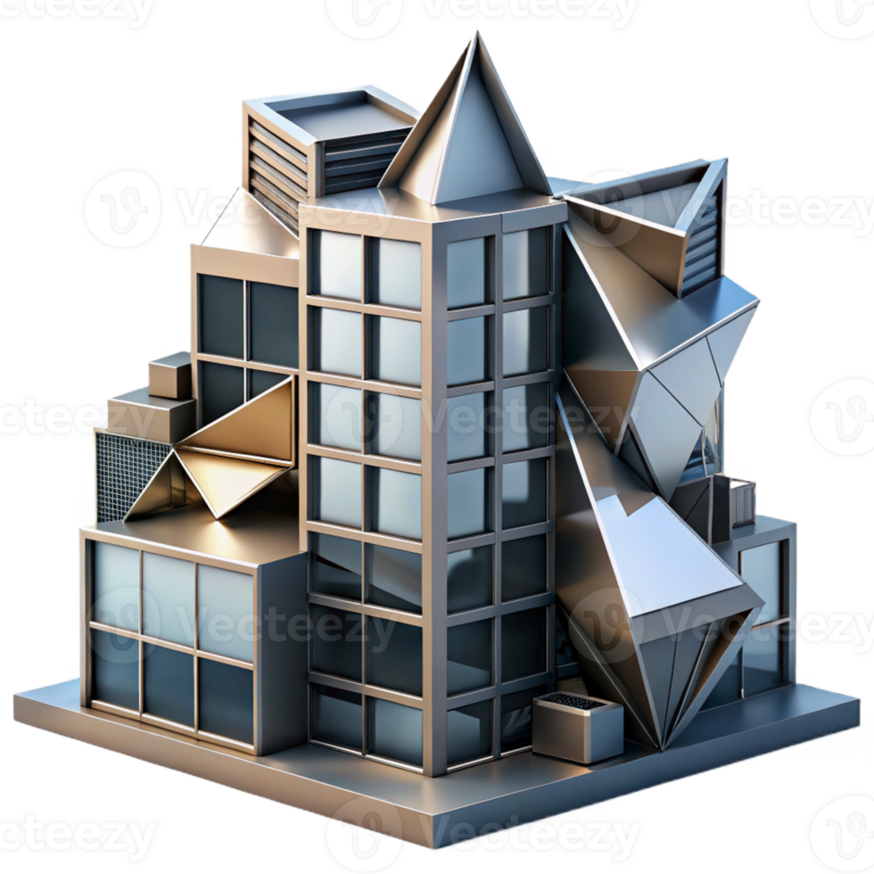 extraordinary contemporary Deconstructivist office building, fragmented forms, sharp angles, metallic surfaces, dramatic shadows, abstract art style, professional png