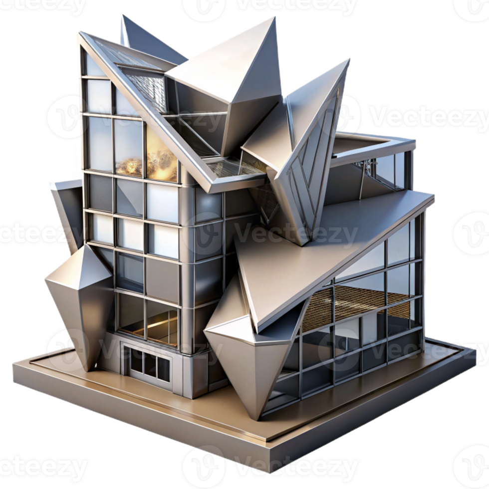 impressive abstract Deconstructivist office building, fragmented forms, sharp angles, metallic surfaces, dramatic shadows, abstract art style, professional png