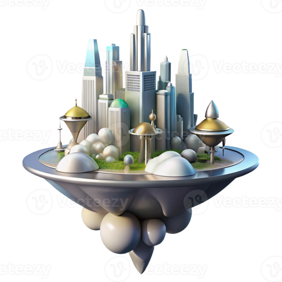 wonderful minimalist Floating island city, sleek metallic structures, surrounded by clouds, futuristic and utopian, science fiction art style, 4K png