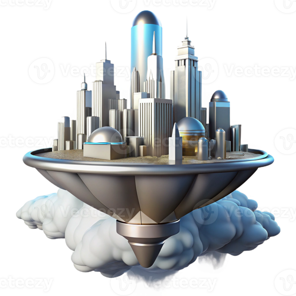 stunning creative Floating island city, sleek metallic structures, surrounded by clouds, futuristic and utopian, science fiction art style, authentic png