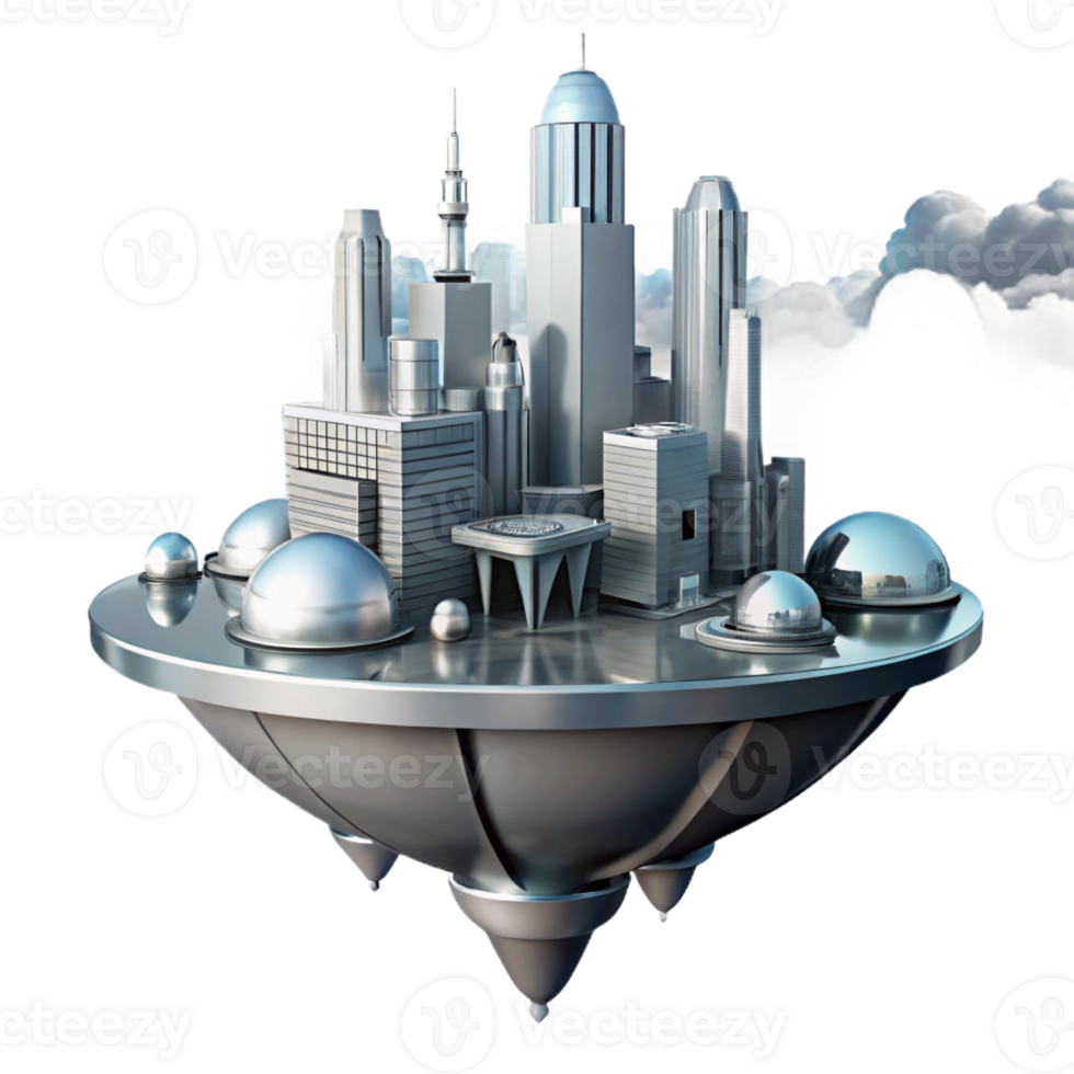 vibrant abstract Floating island city, sleek metallic structures, surrounded by clouds, futuristic and utopian, science fiction art style, detailed png