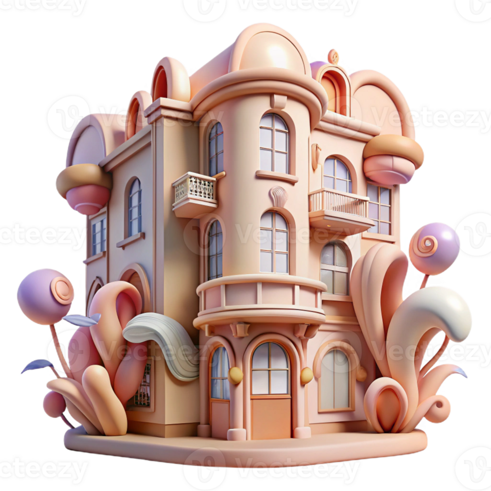 beautiful rustic Art Nouveau apartment building, flowing organic lines, floral motifs, pastel colors, whimsical atmosphere, Art Nouveau poster style, premium png