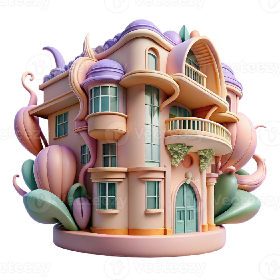 vibrant rustic Art Nouveau apartment building, flowing organic lines, floral motifs, pastel colors, whimsical atmosphere, Art Nouveau poster style, high resolution png