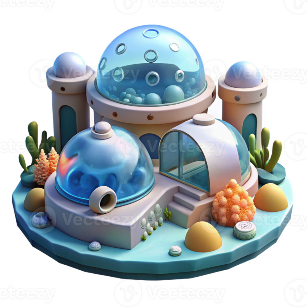 stunning contemporary Underwater research facility, transparent domes, surrounded by coral reefs, serene and futuristic, digital art style, high quality png