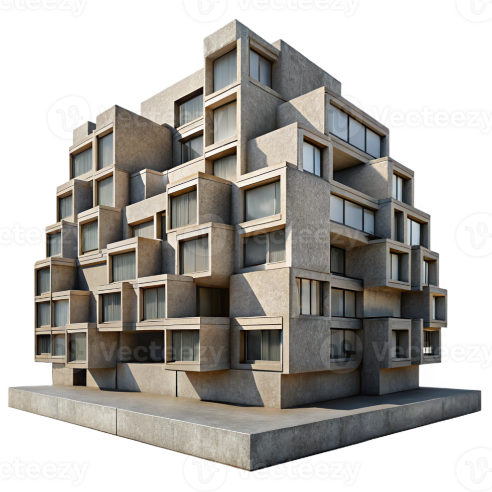 wonderful classic Brutalist concrete apartment complex, repetitive geometric patterns, harsh sunlight, urban decay aesthetic, photography style, exclusive png