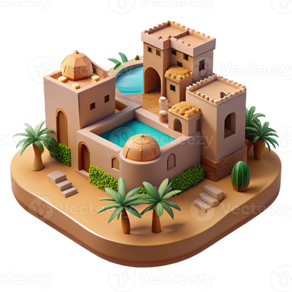 wonderful rustic Desert oasis city, built around a central spring, traditional adobe architecture, warm sunlight, peaceful and harmonious, Middle Eastern art style, detailed png