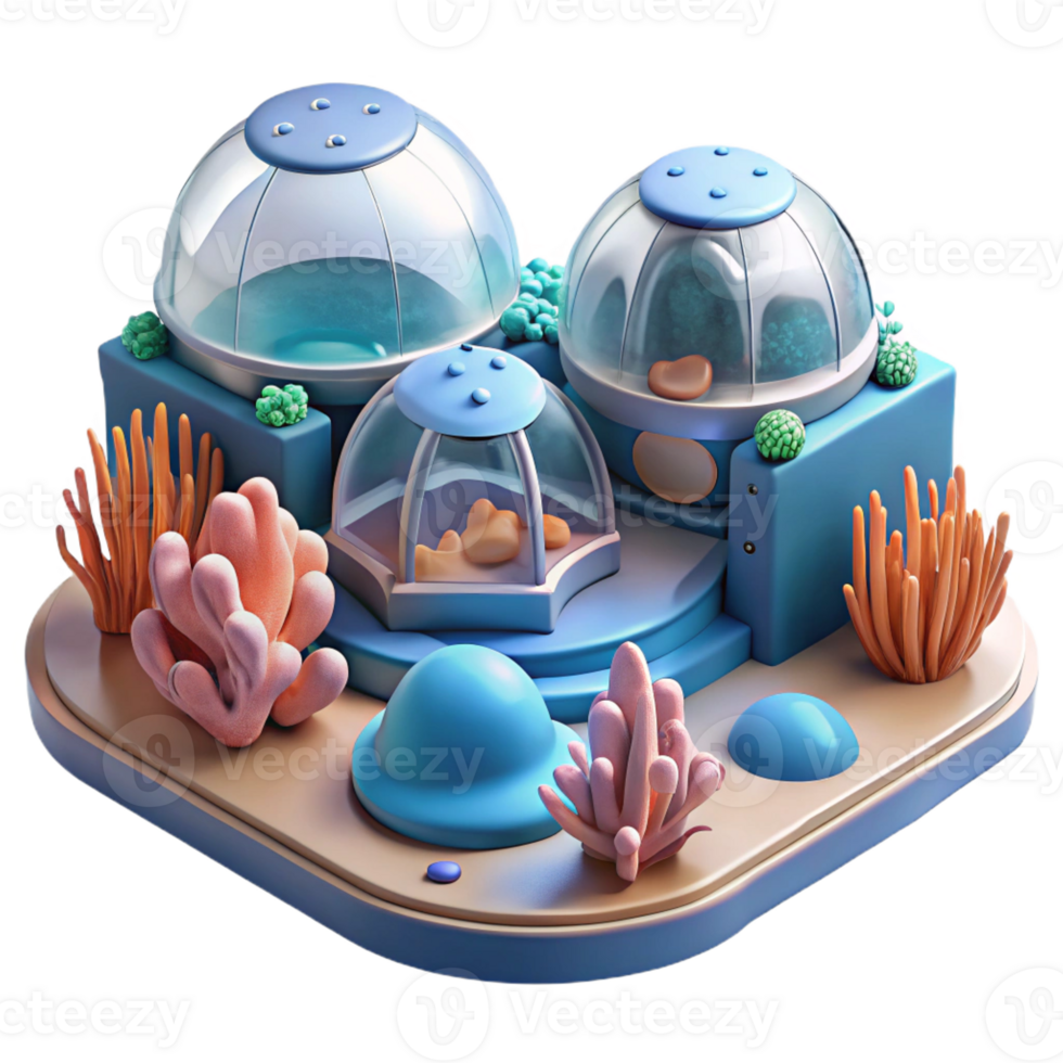 vibrant abstract Underwater research facility, transparent domes, surrounded by coral reefs, serene and futuristic, digital art style, exclusive png