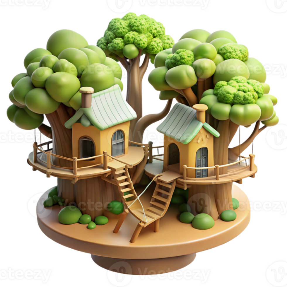 wonderful modern Treehouse village, interconnected by rope bridges, surrounded by lush foliage, whimsical and adventurous, children's book illustration style, professional png