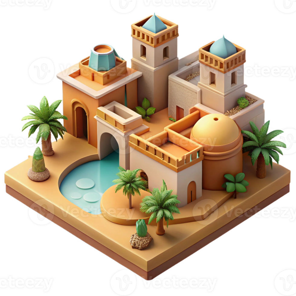 wonderful artistic Desert oasis city, built around a central spring, traditional adobe architecture, warm sunlight, peaceful and harmonious, Middle Eastern art style, genuine png