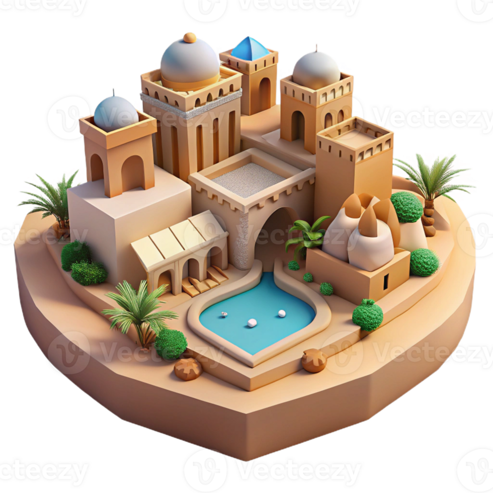 elegant abstract Desert oasis city, built around a central spring, traditional adobe architecture, warm sunlight, peaceful and harmonious, Middle Eastern art style, original png