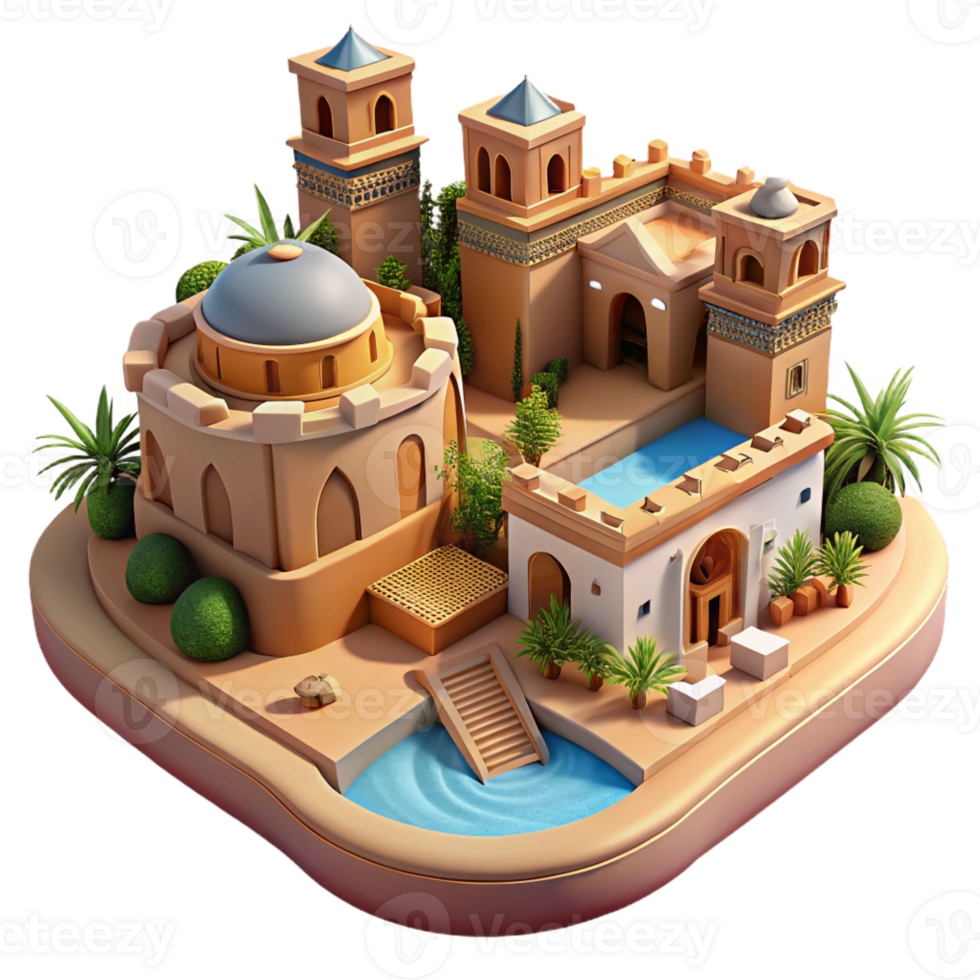 magnificent abstract Desert oasis city, built around a central spring, traditional adobe architecture, warm sunlight, peaceful and harmonious, Middle Eastern art style, high quality png