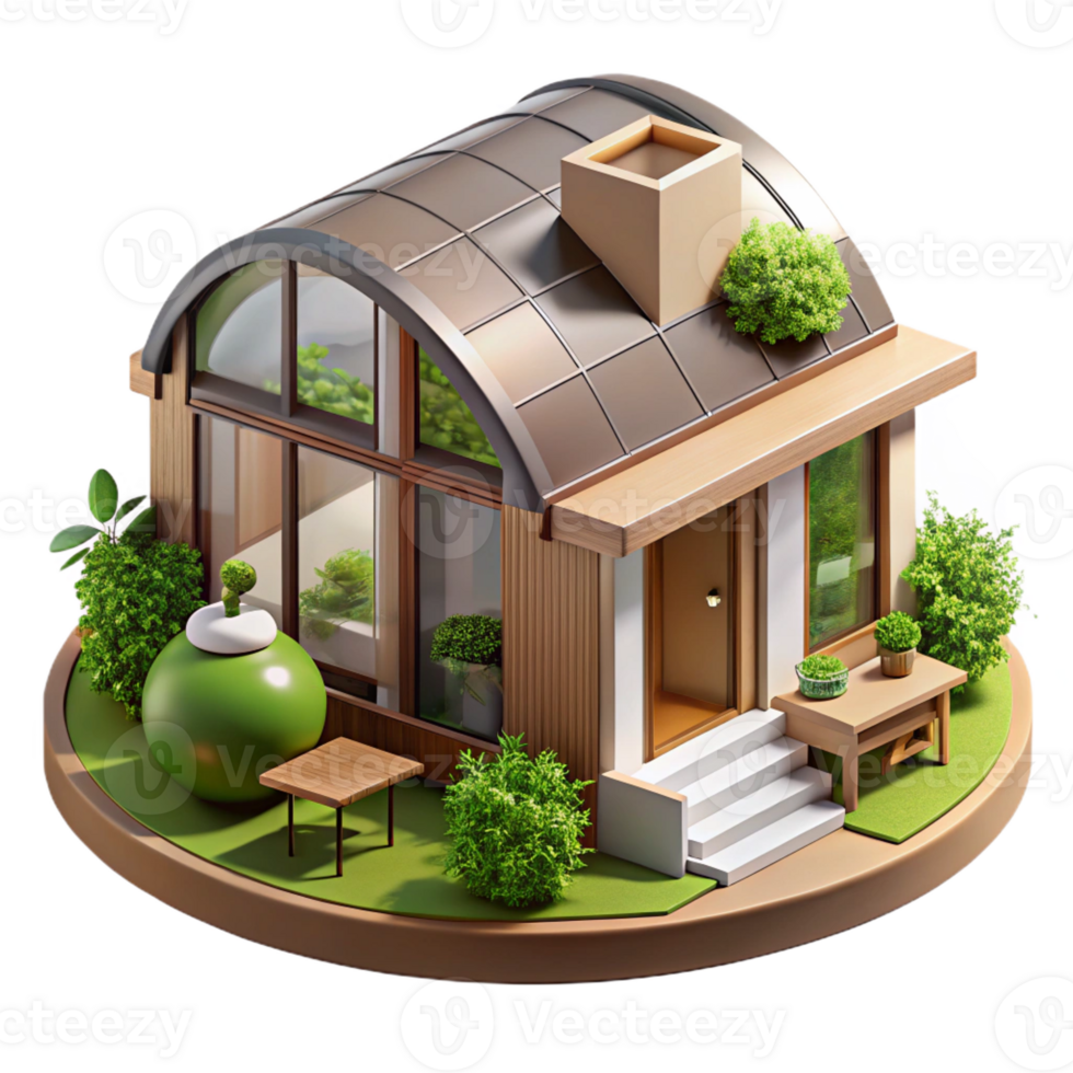 extraordinary modern Sustainable eco-house, built with natural materials, surrounded by greenery, peaceful and eco-conscious, architectural rendering style, professional png