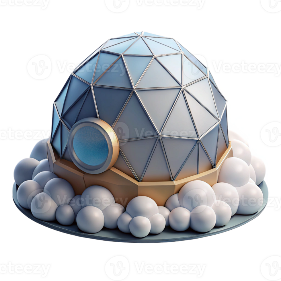 serene modern Floating geodesic dome home, surrounded by clouds, futuristic and minimalist, digital art style, high quality png