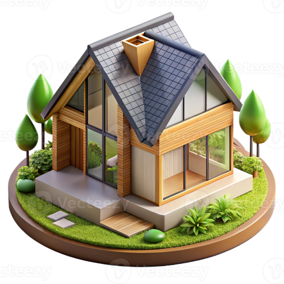 extraordinary classic Sustainable eco-house, built with natural materials, surrounded by greenery, peaceful and eco-conscious, architectural rendering style, premium png