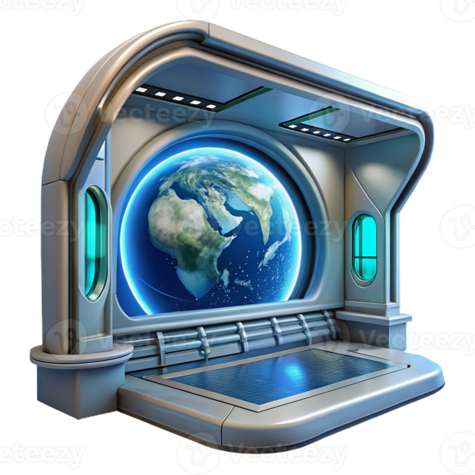 beautiful vintage Space station interior, futuristic technology, views of Earth from a large window, science fiction art style, high quality png
