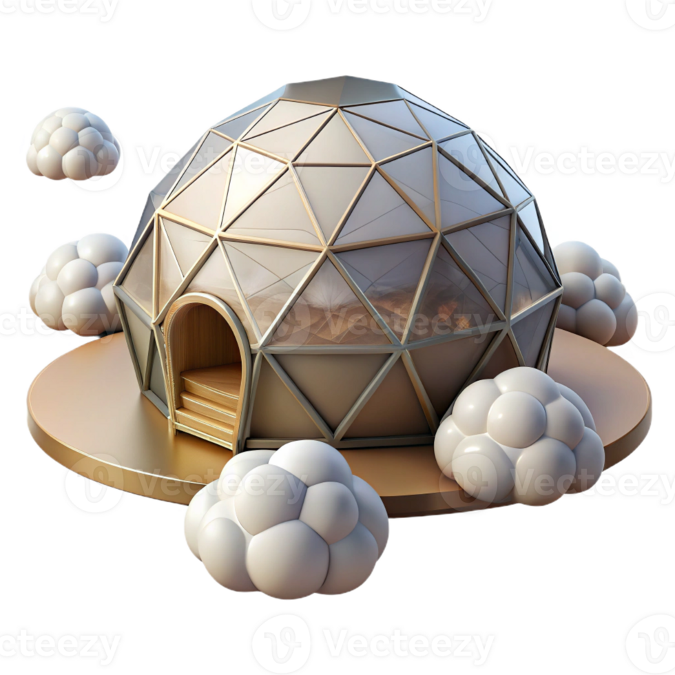 dramatic artistic Floating geodesic dome home, surrounded by clouds, futuristic and minimalist, digital art style, professional png