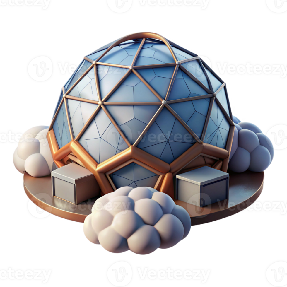 magnificent modern Floating geodesic dome home, surrounded by clouds, futuristic and minimalist, digital art style, exclusive png