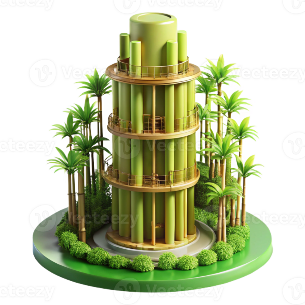 serene abstract Bamboo skyscraper, sustainable and innovative design, surrounded by lush greenery, architectural rendering style, professional png