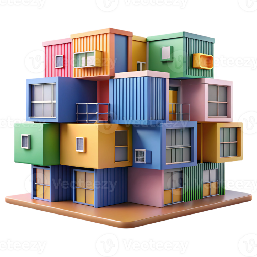 dramatic rustic Modular apartment complex, prefabricated units stacked together, colorful and playful, architectural rendering style, authentic png