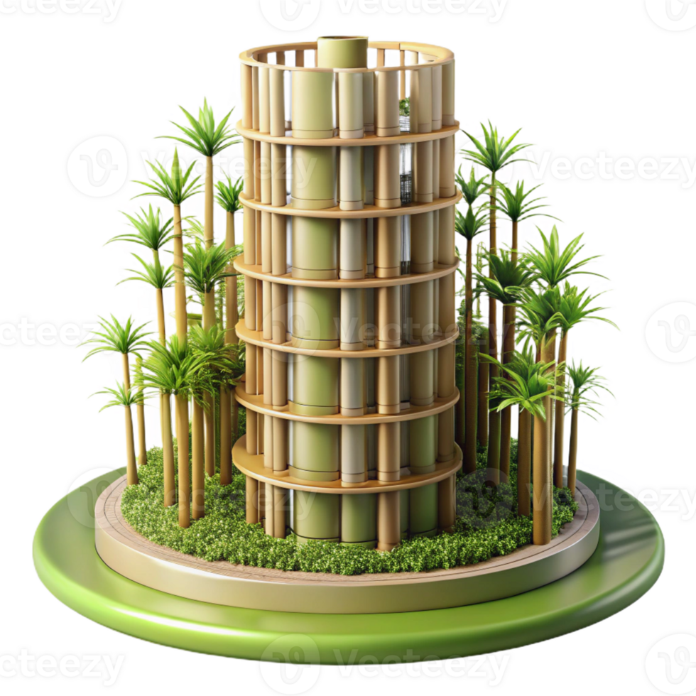 serene traditional Bamboo skyscraper, sustainable and innovative design, surrounded by lush greenery, architectural rendering style, high resolution png