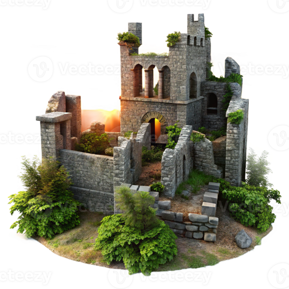 stunning creative Medieval castle ruins, crumbling stone walls, overgrown with vegetation, dramatic sunset, historical painting style, professional png