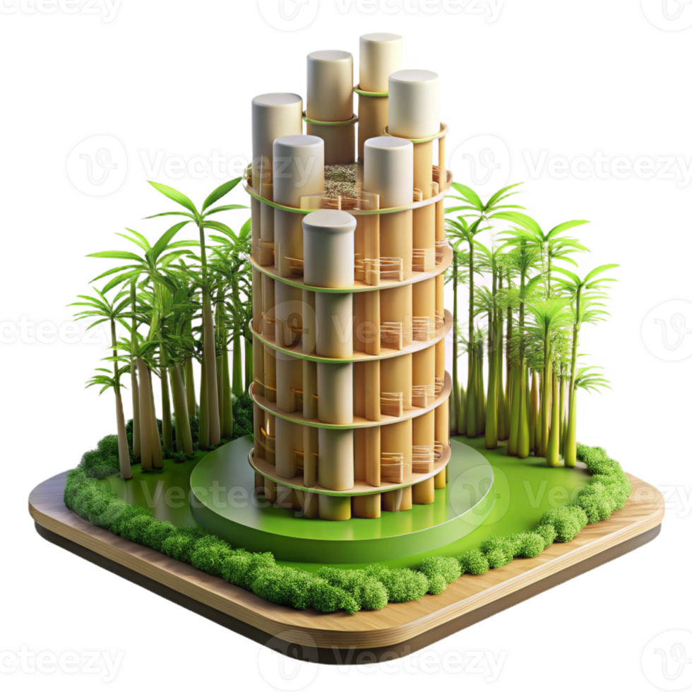 dramatic vintage Bamboo skyscraper, sustainable and innovative design, surrounded by lush greenery, architectural rendering style, premium png