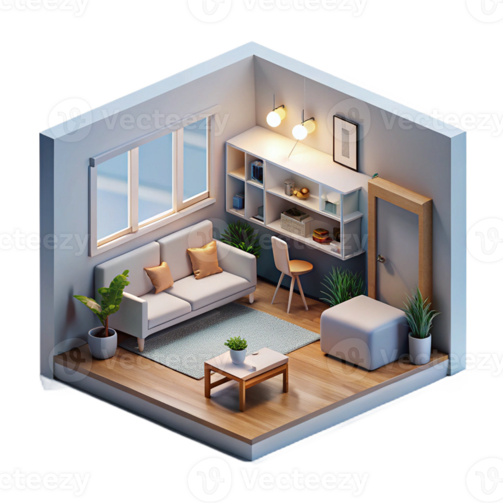 dramatic artistic Micro-apartment interior, minimalist design, maximizing space efficiency, architectural visualization style, premium png