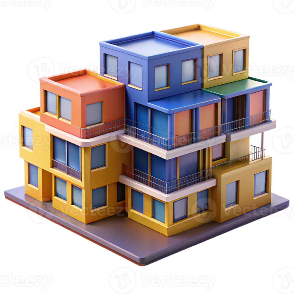 stunning rustic Modular apartment complex, prefabricated units stacked together, colorful and playful, architectural rendering style, original png