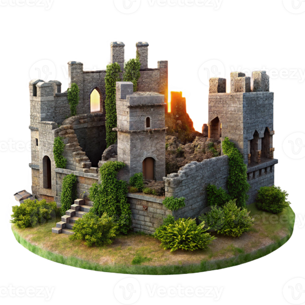 magnificent rustic Medieval castle ruins, crumbling stone walls, overgrown with vegetation, dramatic sunset, historical painting style, authentic png