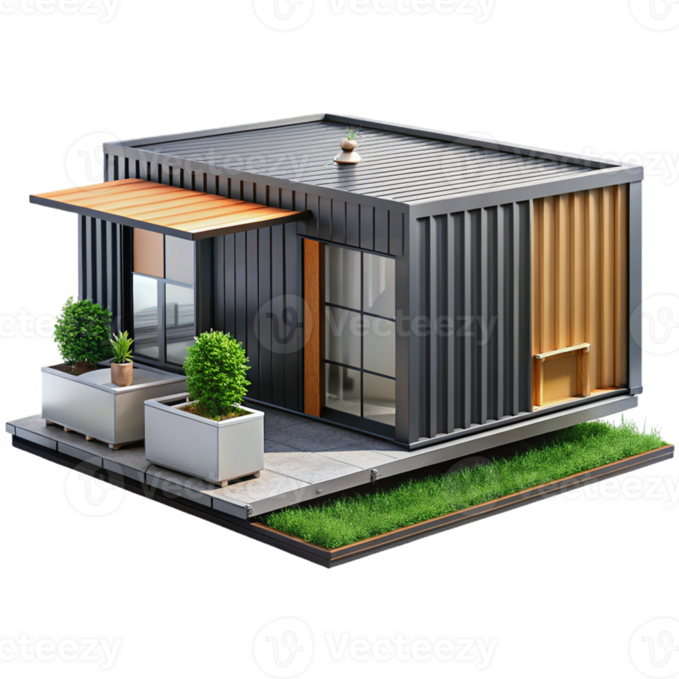 beautiful abstract Shipping container home, repurposed containers transformed into a modern dwelling, sustainable and innovative, architectural rendering style, detailed png