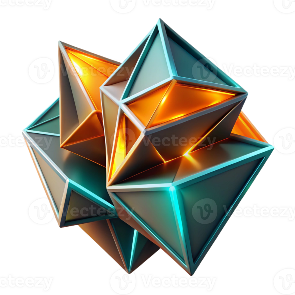 stunning rustic Fractured geometric shapes in vibrant, contrasting hues of teal and orange, with a neon glow outlining each shard. Cyberpunk style, high contrast lighting professional png