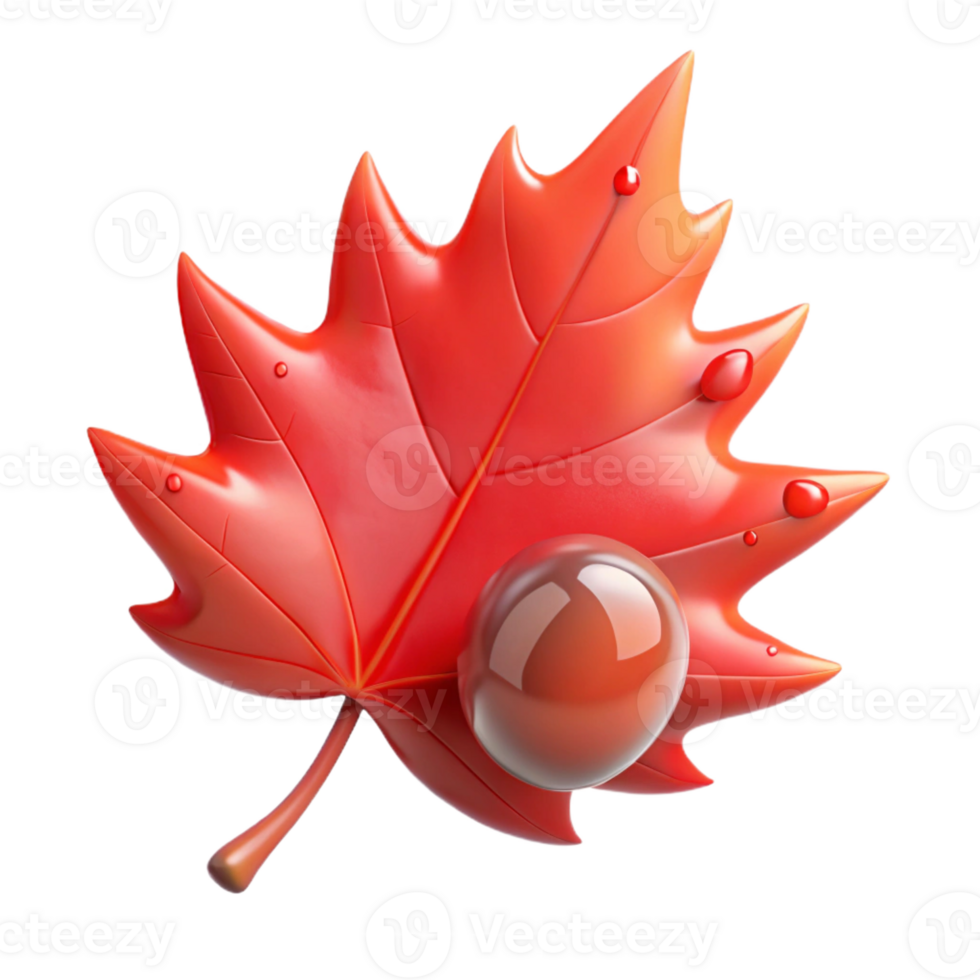serene creative A single, perfect dewdrop clinging to a vibrant red maple leaf, illuminated by soft morning sunlight, macro photography, hyperrealistic style professional png