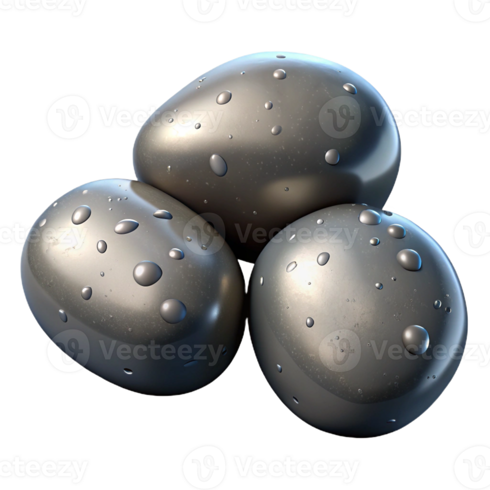 serene artistic Three smooth river stones nestled together, wet with glistening water droplets, bright midday sun, photorealistic style high quality png